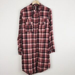 Free People Plaid Long Sleeve Shirt Dress Button Front Raw Hem